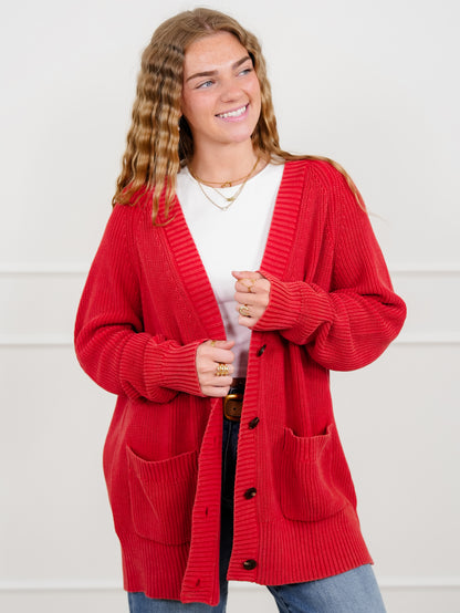 Plus/Reg Washed Red Long Sleeve Button Down Cardigan with Pockets