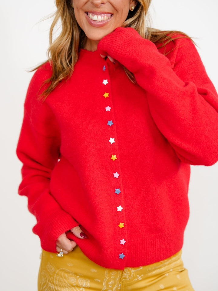 Red Long Sleeve Cardigan with Multi Color Star Buttons - Freckled Poppy