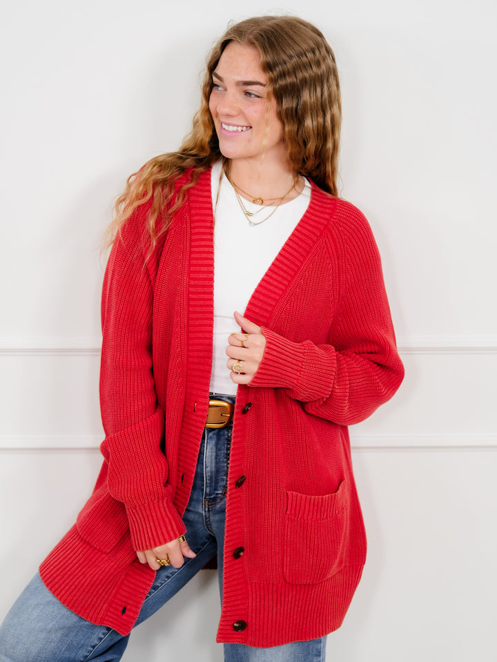 Plus/Reg Washed Red Long Sleeve Button Down Cardigan with Pockets