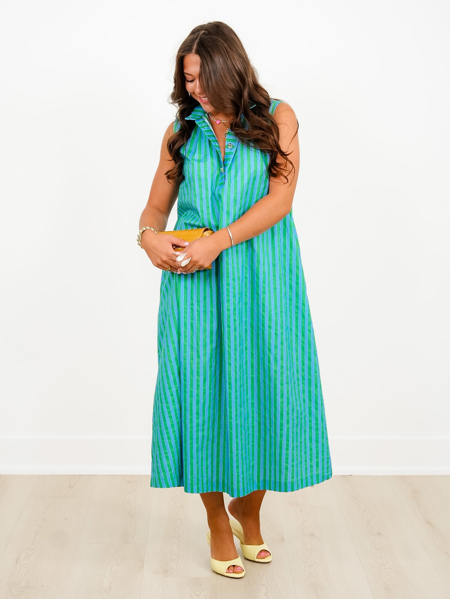 Stripe Sleeveless Button Up Midi Dress with Stand Up Collar