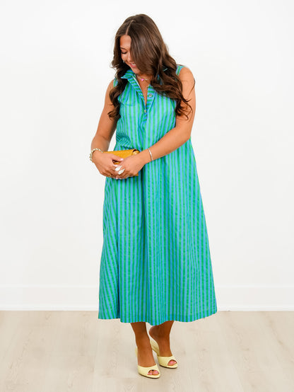 Stripe Sleeveless Button Up Midi Dress with Stand Up Collar