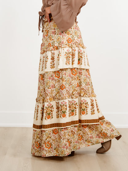 Floral Print Elastic Waist Ruffle Tiered Midi Skirt
