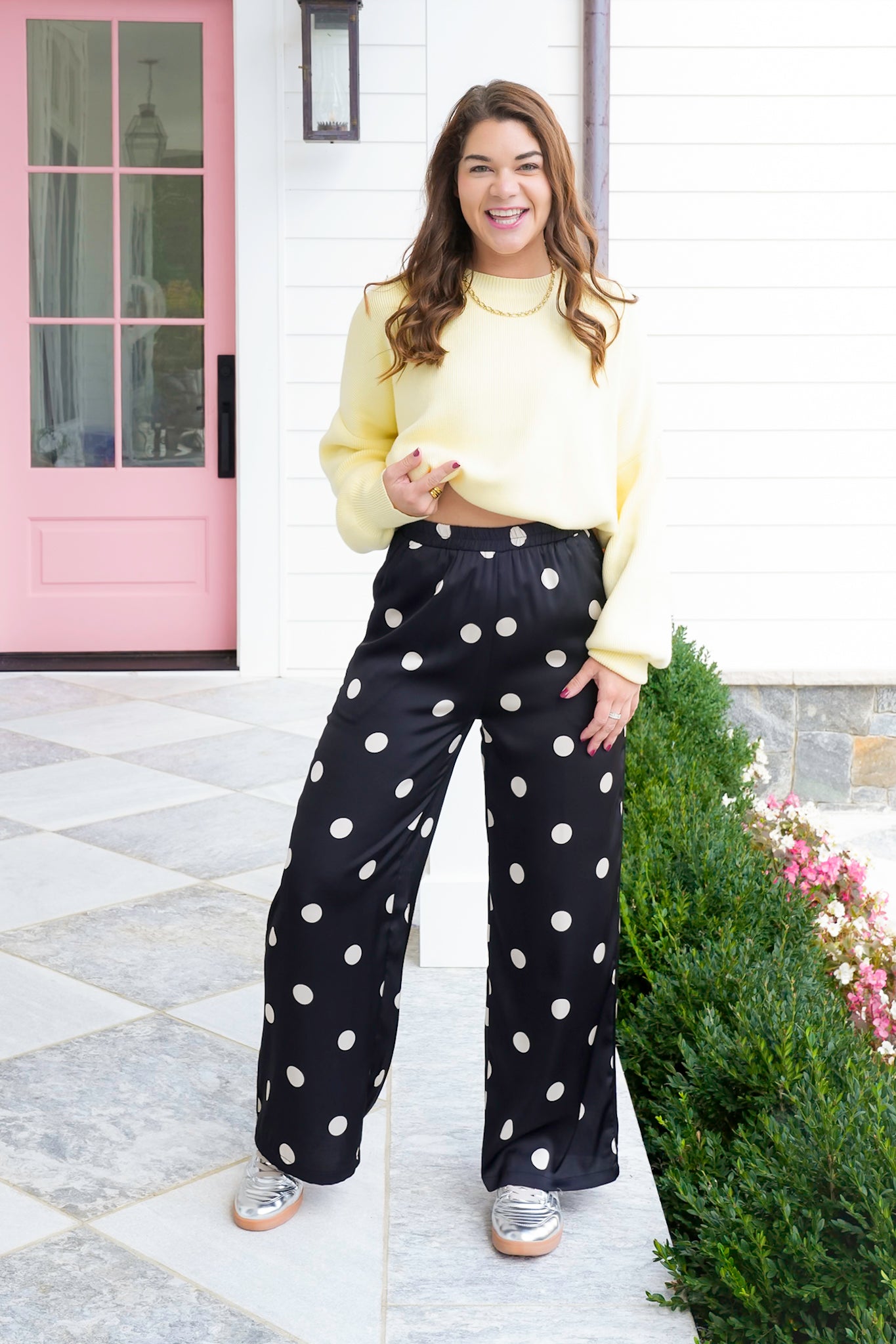 Plus/Reg Polka Dot Print Elastic Waist Wide Leg Pants