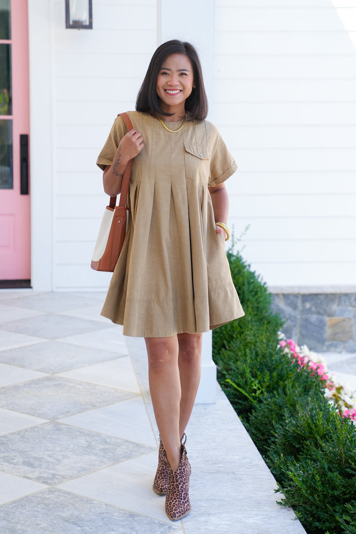 Mineral Wash Short Sleeve Pleated Mini Dress with Side Pockets