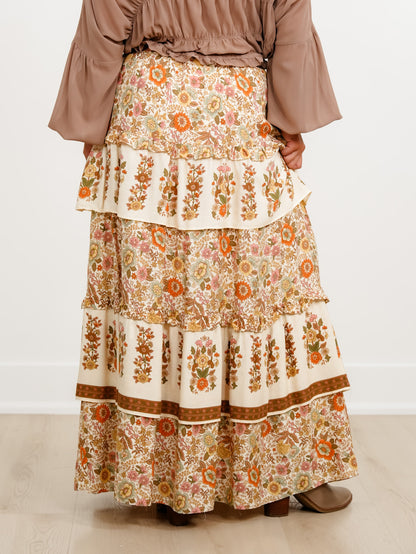 Floral Print Elastic Waist Ruffle Tiered Midi Skirt