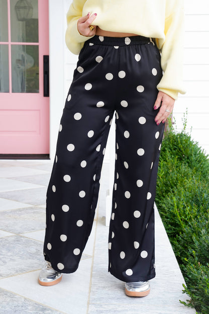 Plus/Reg Polka Dot Print Elastic Waist Wide Leg Pants