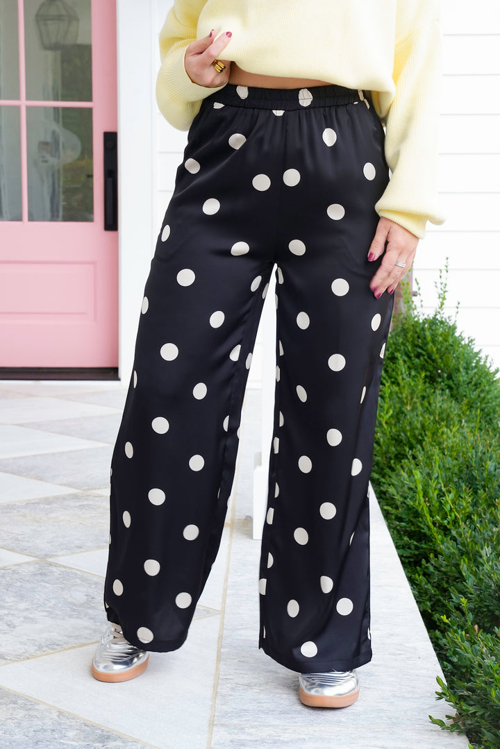 Plus/Reg Polka Dot Print Elastic Waist Wide Leg Pants