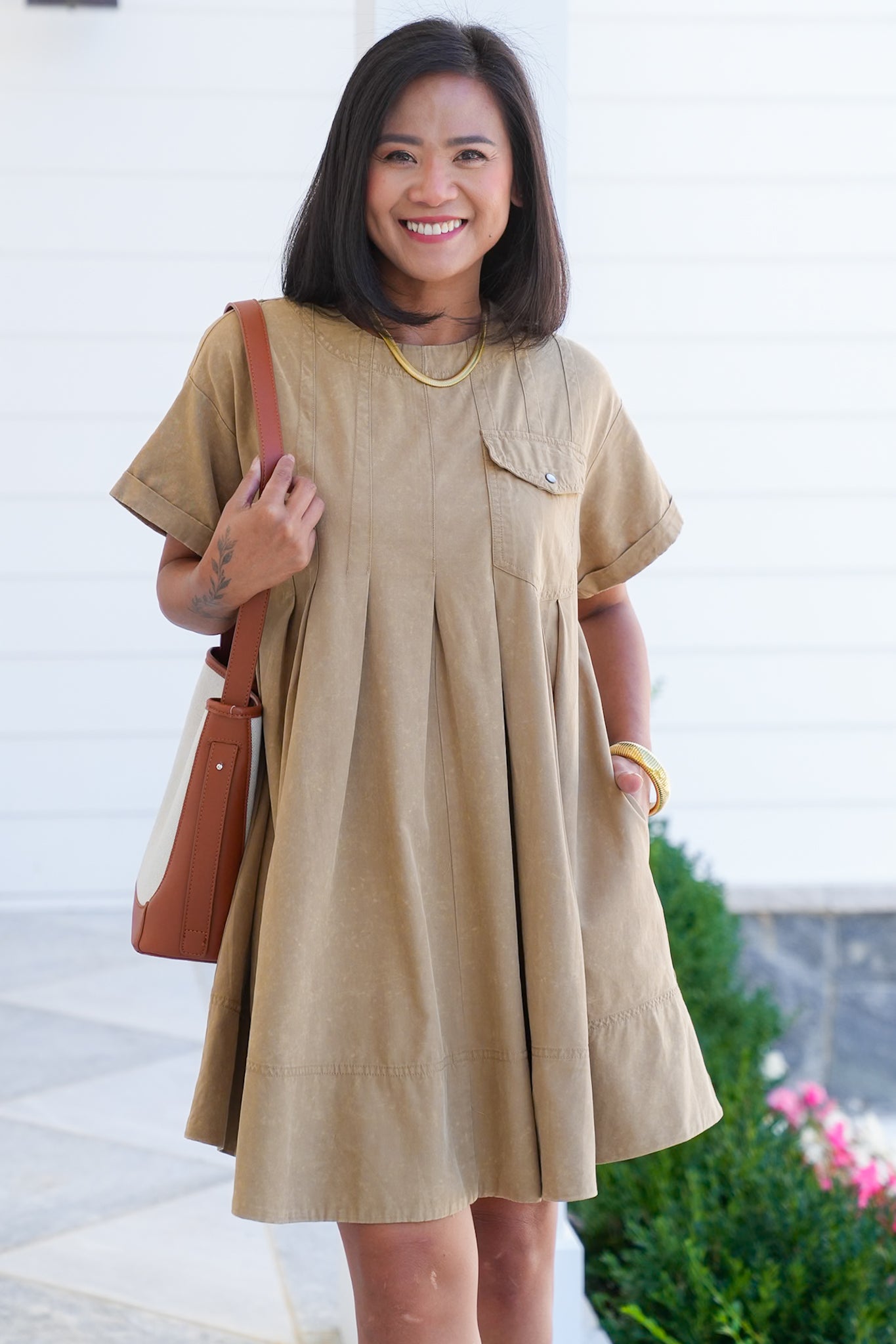 Mineral Wash Short Sleeve Pleated Mini Dress with Side Pockets