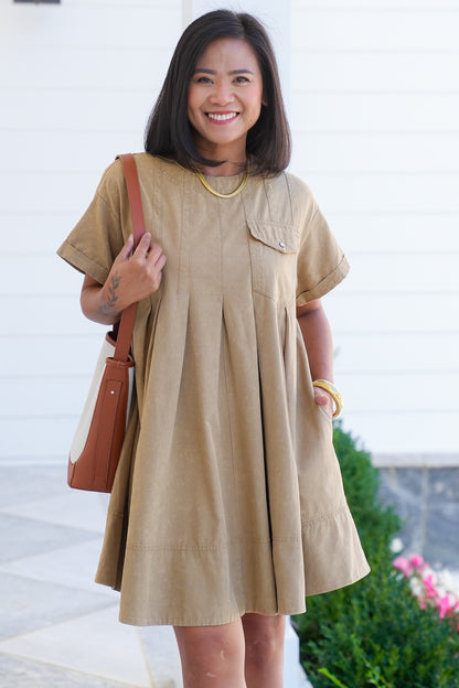 Mineral Wash Short Sleeve Pleated Mini Dress with Side Pockets