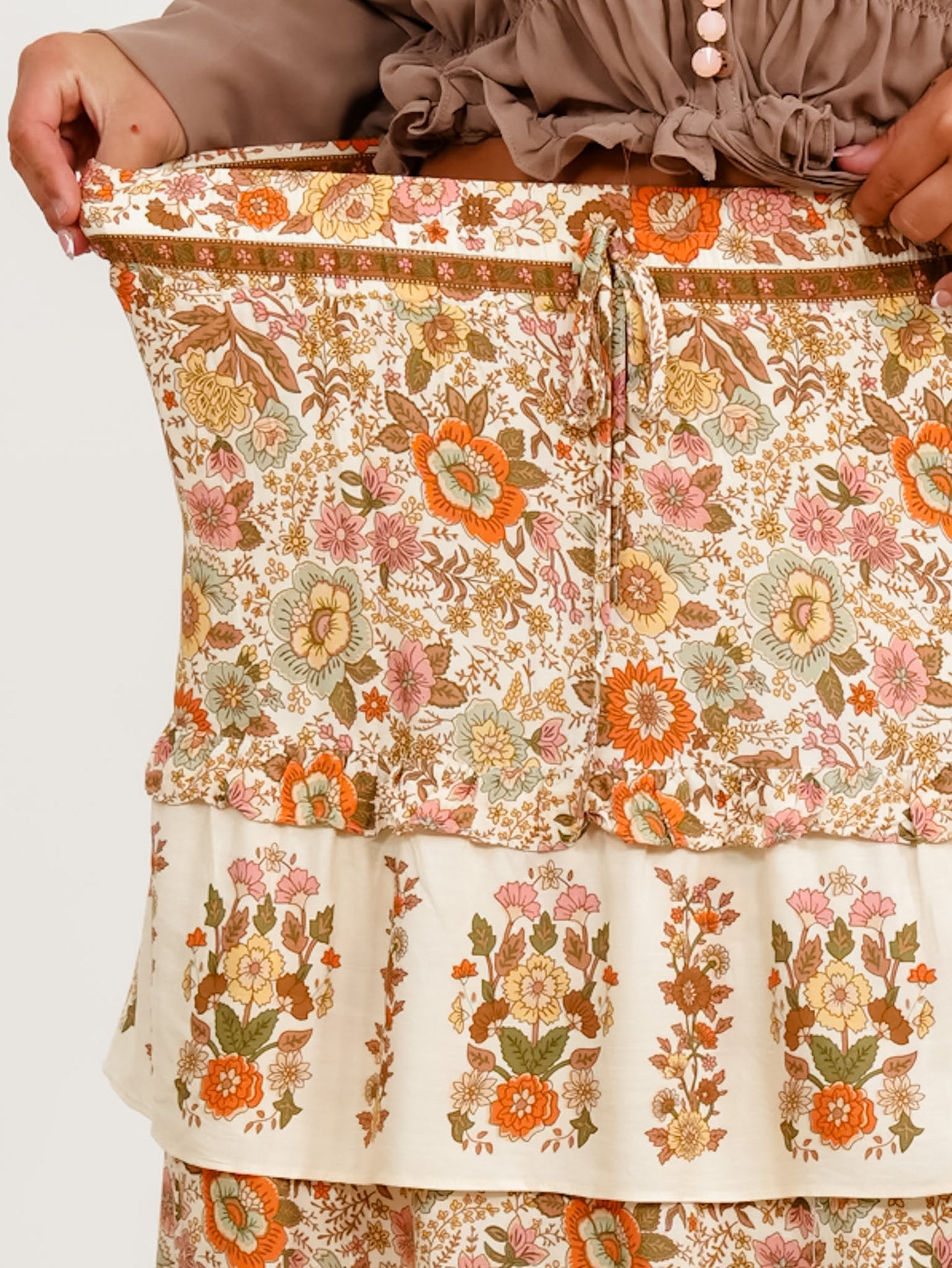 Floral Print Elastic Waist Ruffle Tiered Midi Skirt