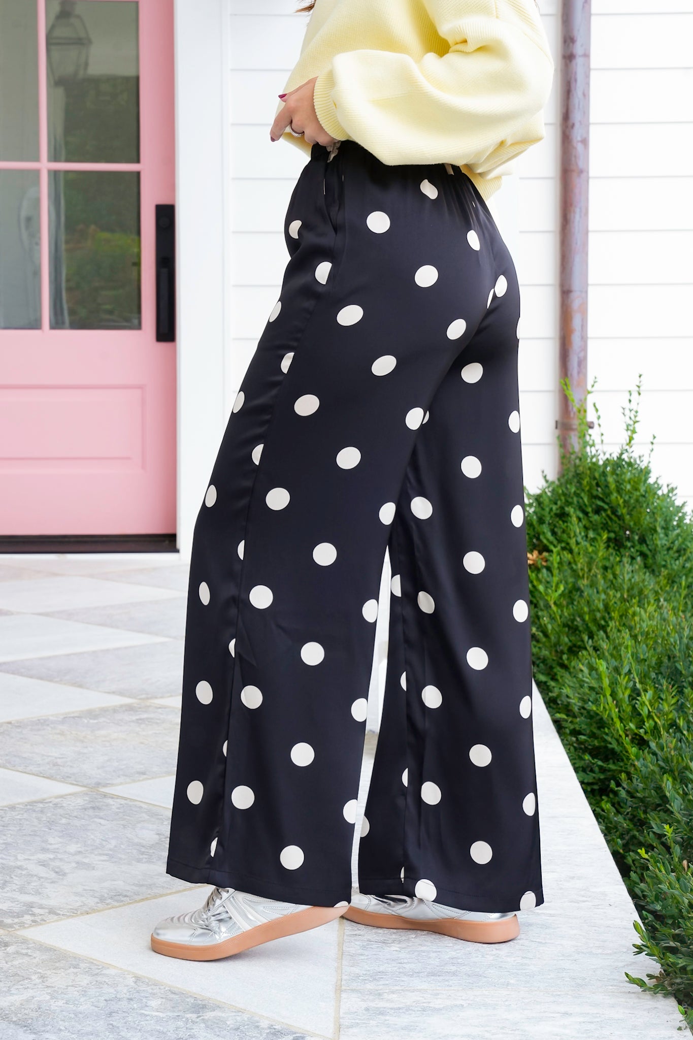 Plus/Reg Polka Dot Print Elastic Waist Wide Leg Pants