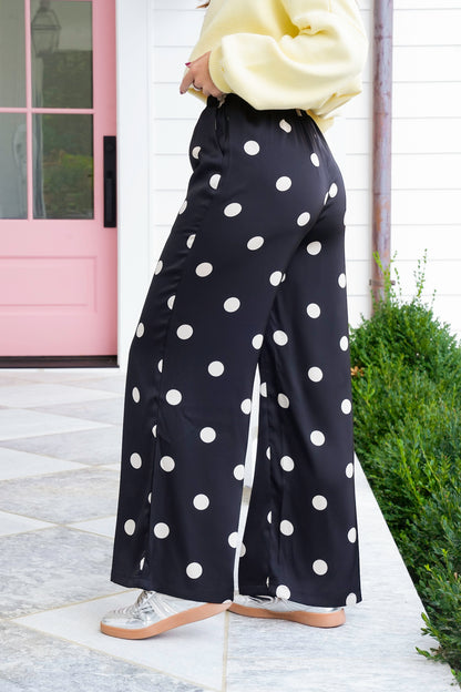 Plus/Reg Polka Dot Print Elastic Waist Wide Leg Pants