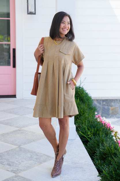 Mineral Wash Short Sleeve Pleated Mini Dress with Side Pockets