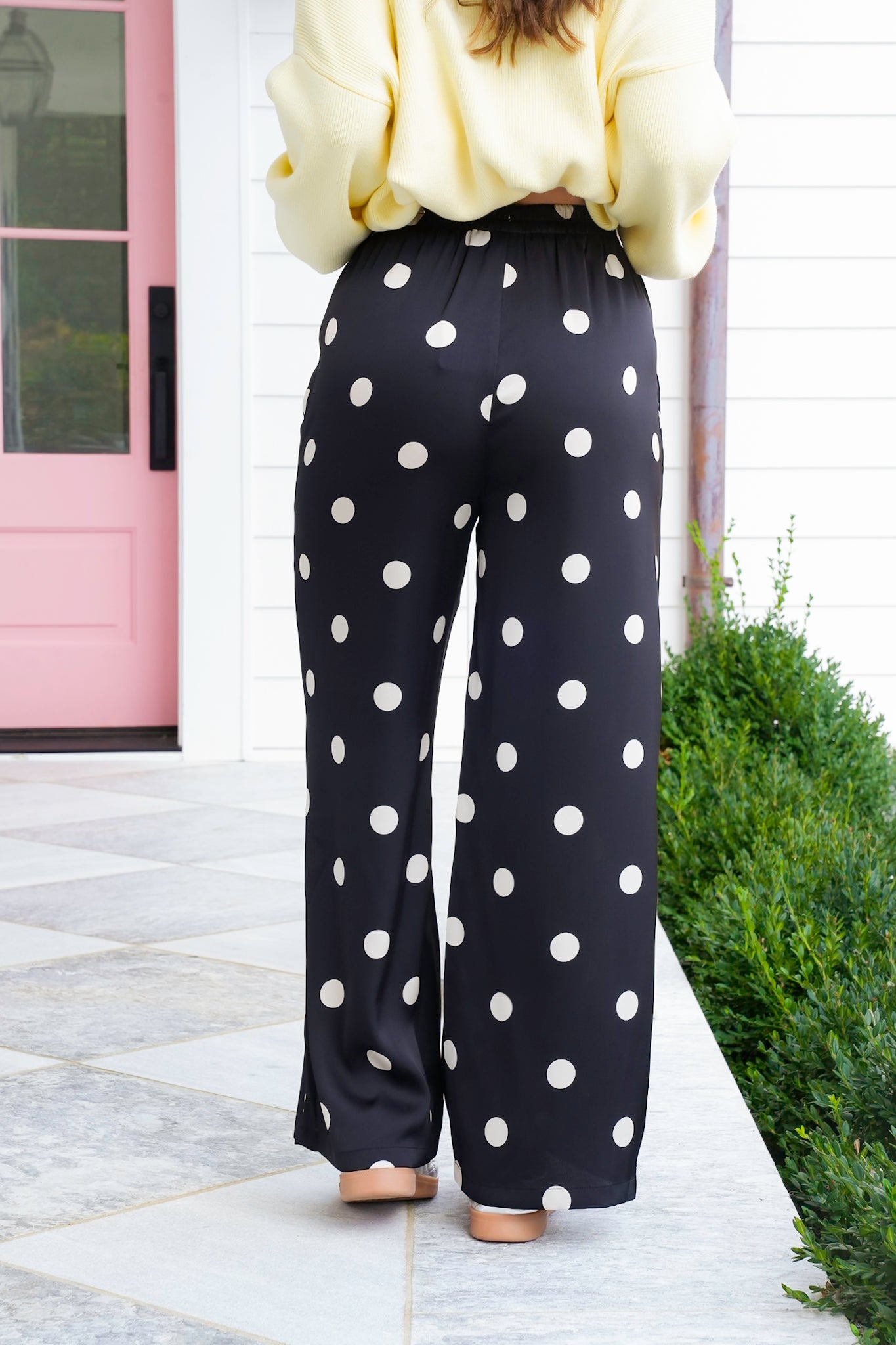 Plus/Reg Polka Dot Print Elastic Waist Wide Leg Pants