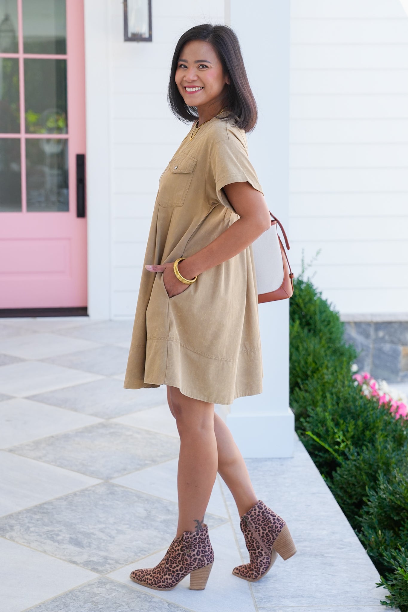Mineral Wash Short Sleeve Pleated Mini Dress with Side Pockets