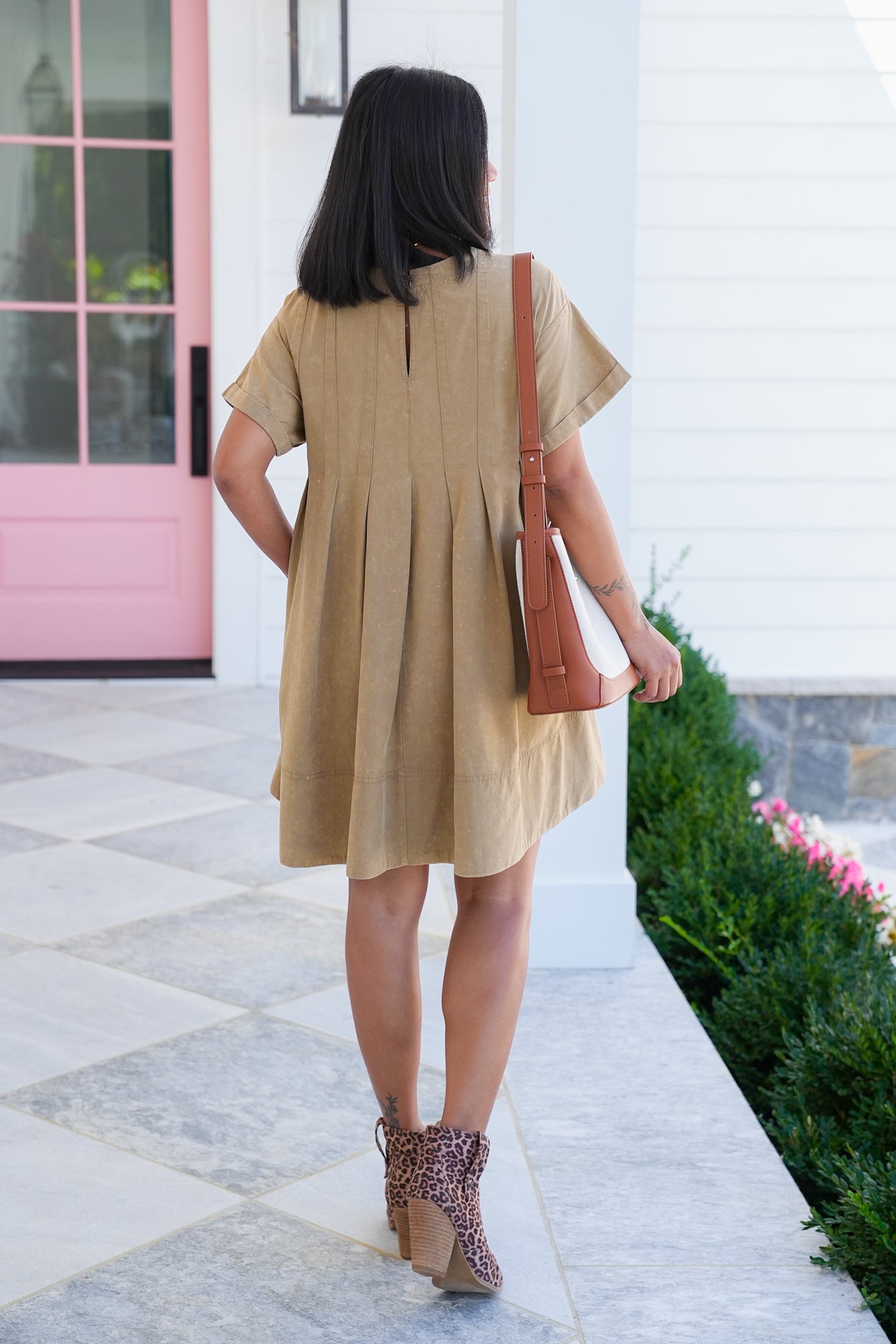 Mineral Wash Short Sleeve Pleated Mini Dress with Side Pockets