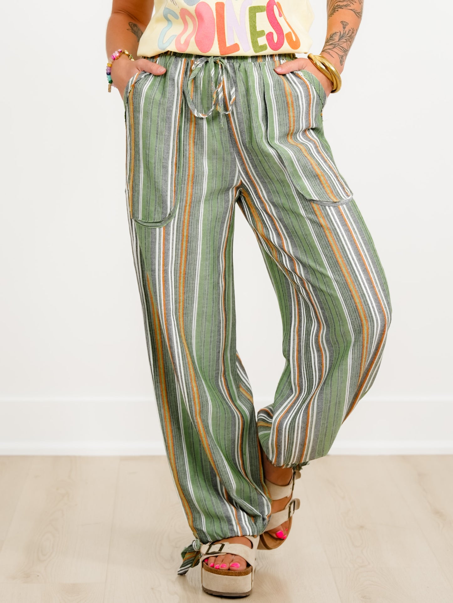 Vertical Stripe Elastic Waist Pants with Drawstring Hem