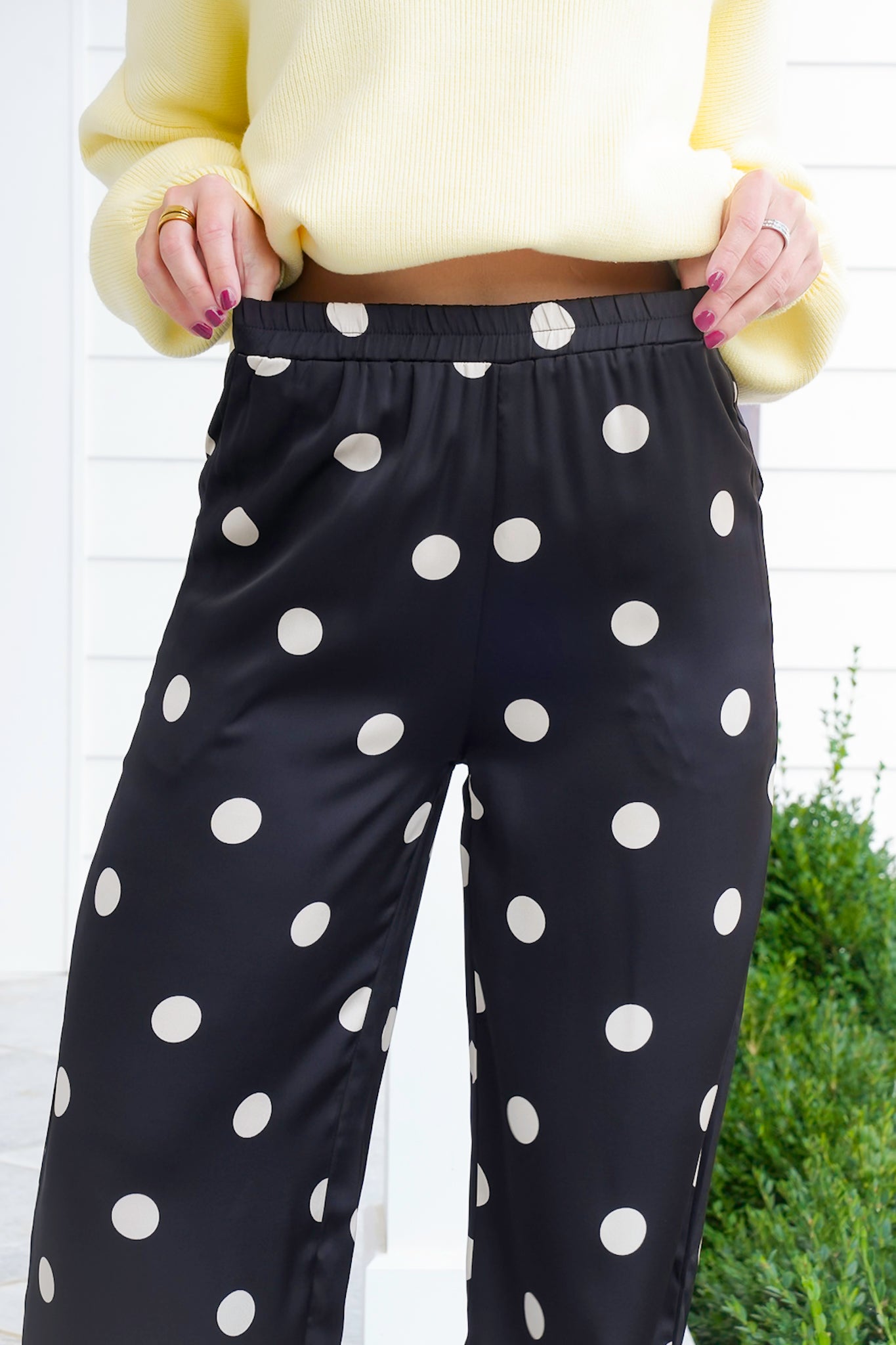 Plus/Reg Polka Dot Print Elastic Waist Wide Leg Pants