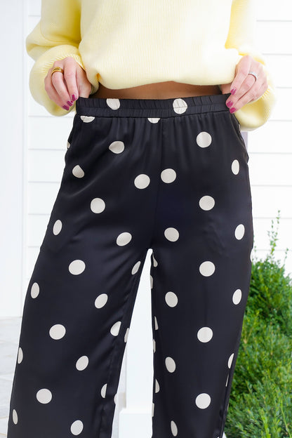 Plus/Reg Polka Dot Print Elastic Waist Wide Leg Pants