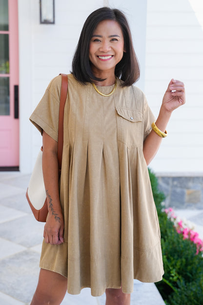 Mineral Wash Short Sleeve Pleated Mini Dress with Side Pockets