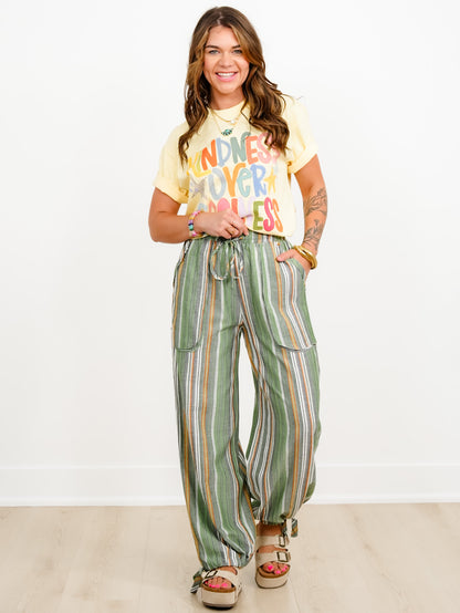 Vertical Stripe Elastic Waist Pants with Drawstring Hem
