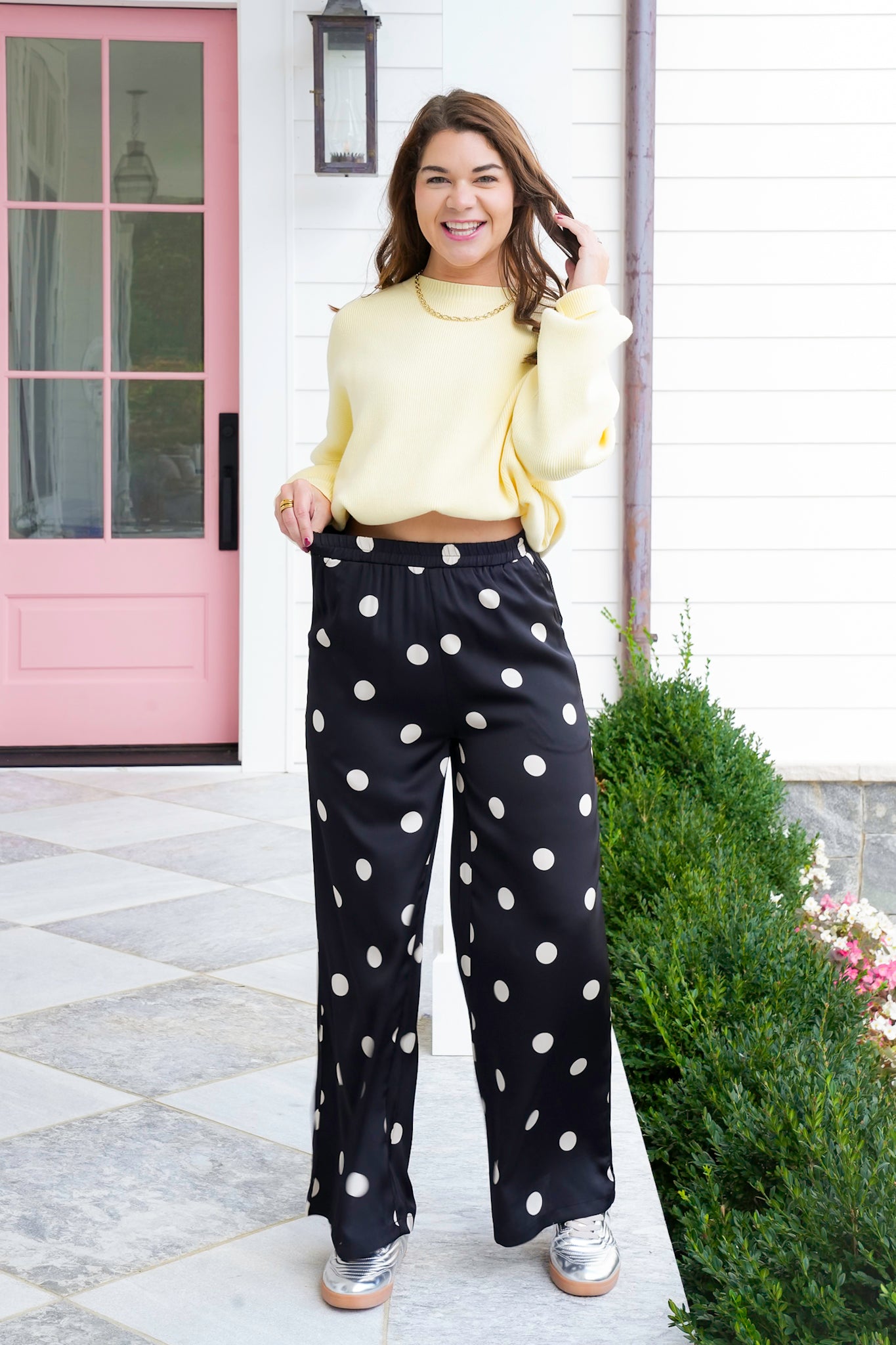 Plus/Reg Polka Dot Print Elastic Waist Wide Leg Pants