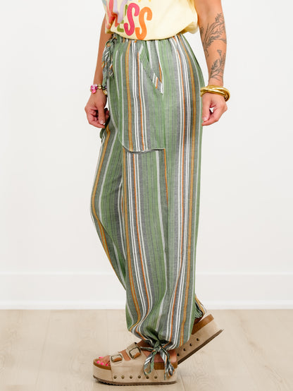 Vertical Stripe Elastic Waist Pants with Drawstring Hem