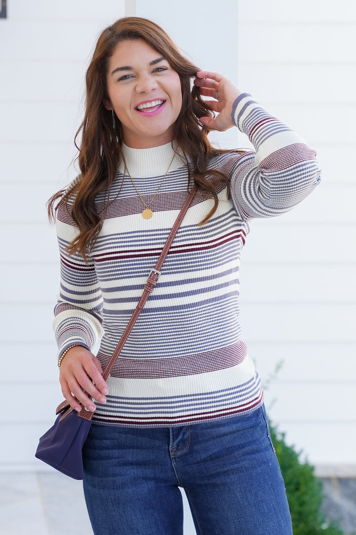 Ribbed Stripe Long Sleeve Mock Neck Sweater