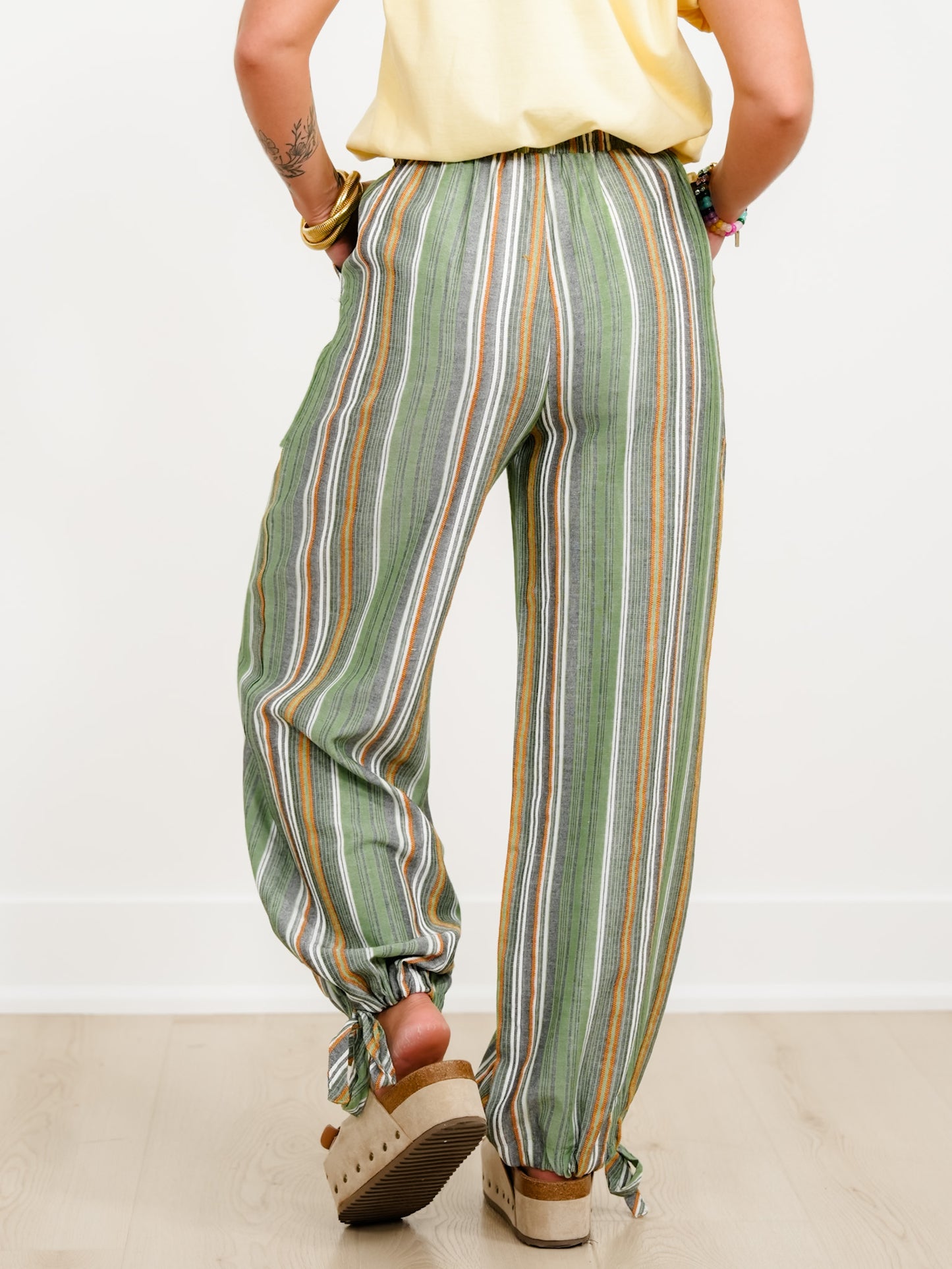Vertical Stripe Elastic Waist Pants with Drawstring Hem
