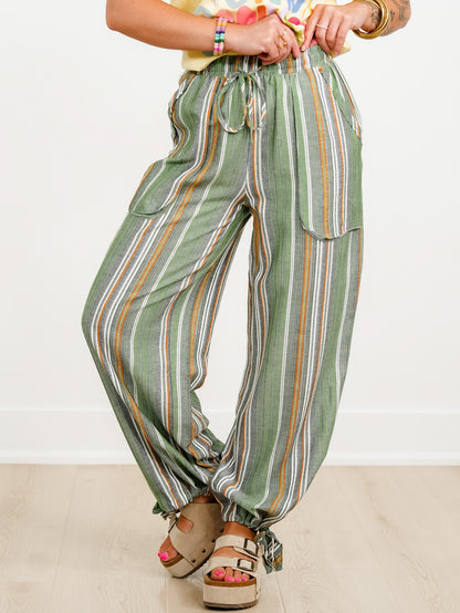 Vertical Stripe Elastic Waist Pants with Drawstring Hem