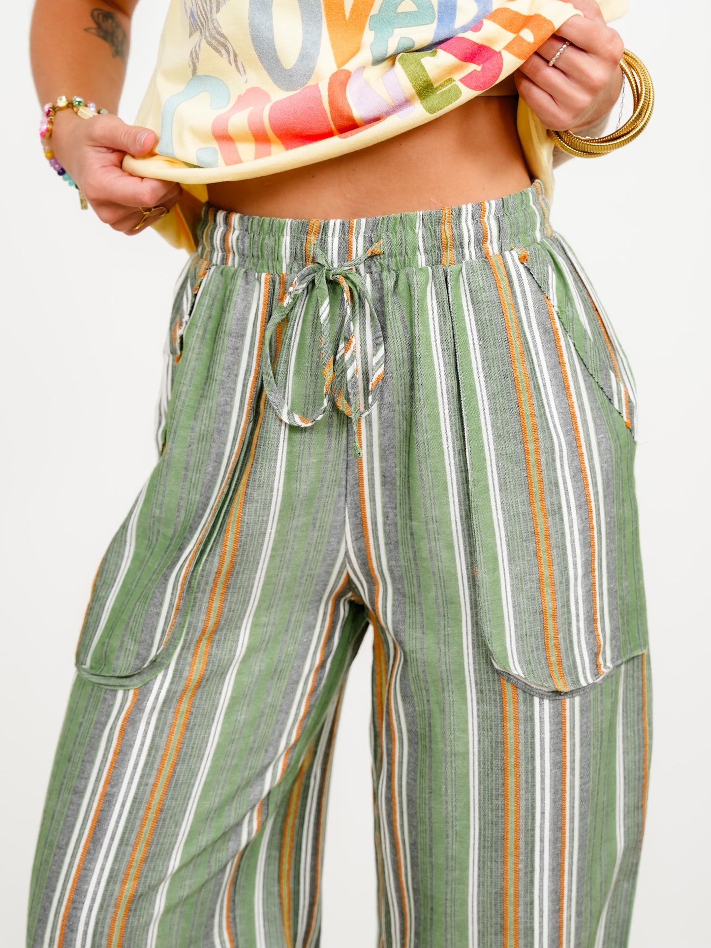Vertical Stripe Elastic Waist Pants with Drawstring Hem