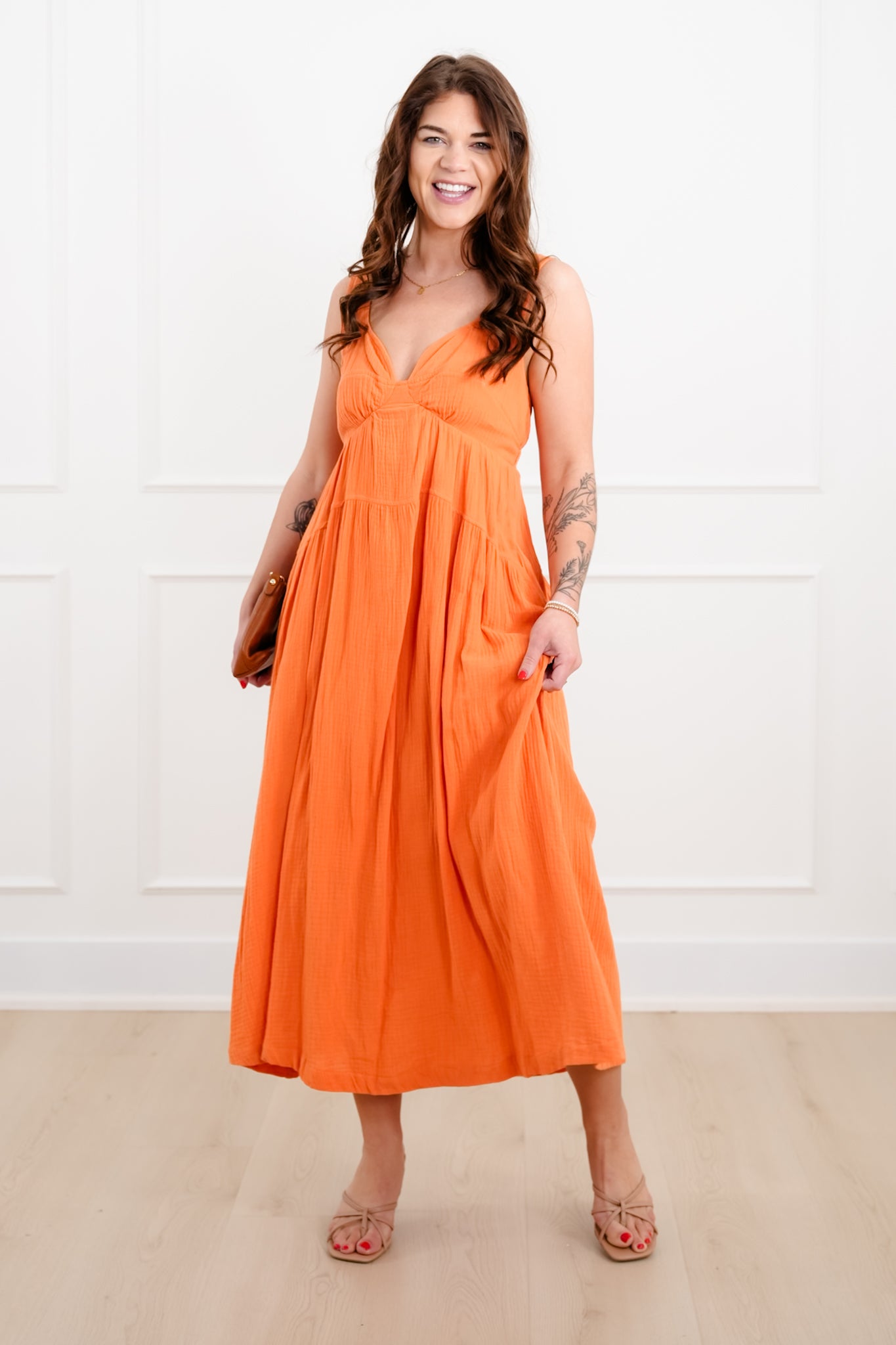 Orange Gauze Sleeveless V Neck Maxi Dress