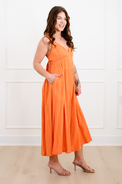 Orange Gauze Sleeveless V Neck Maxi Dress