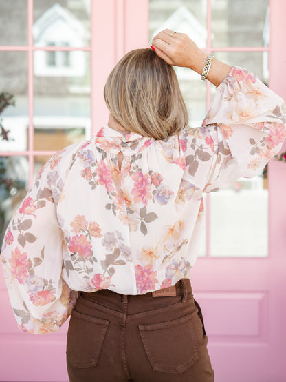Floral Print Long Balloon Sleeve Mock Neck Blouse