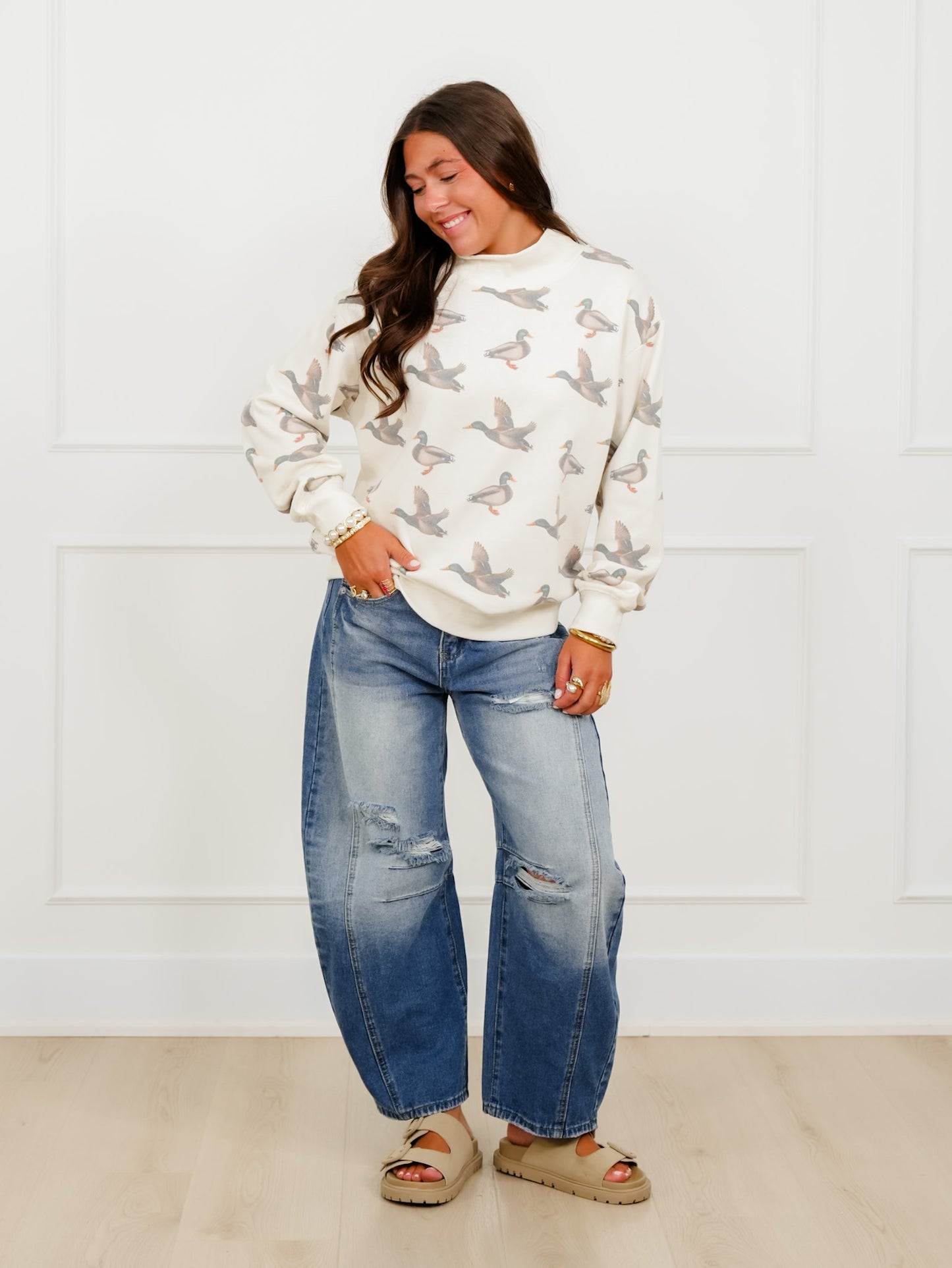 Plus/Reg Mallard Print Long Sleeve Mock Neck Sweater