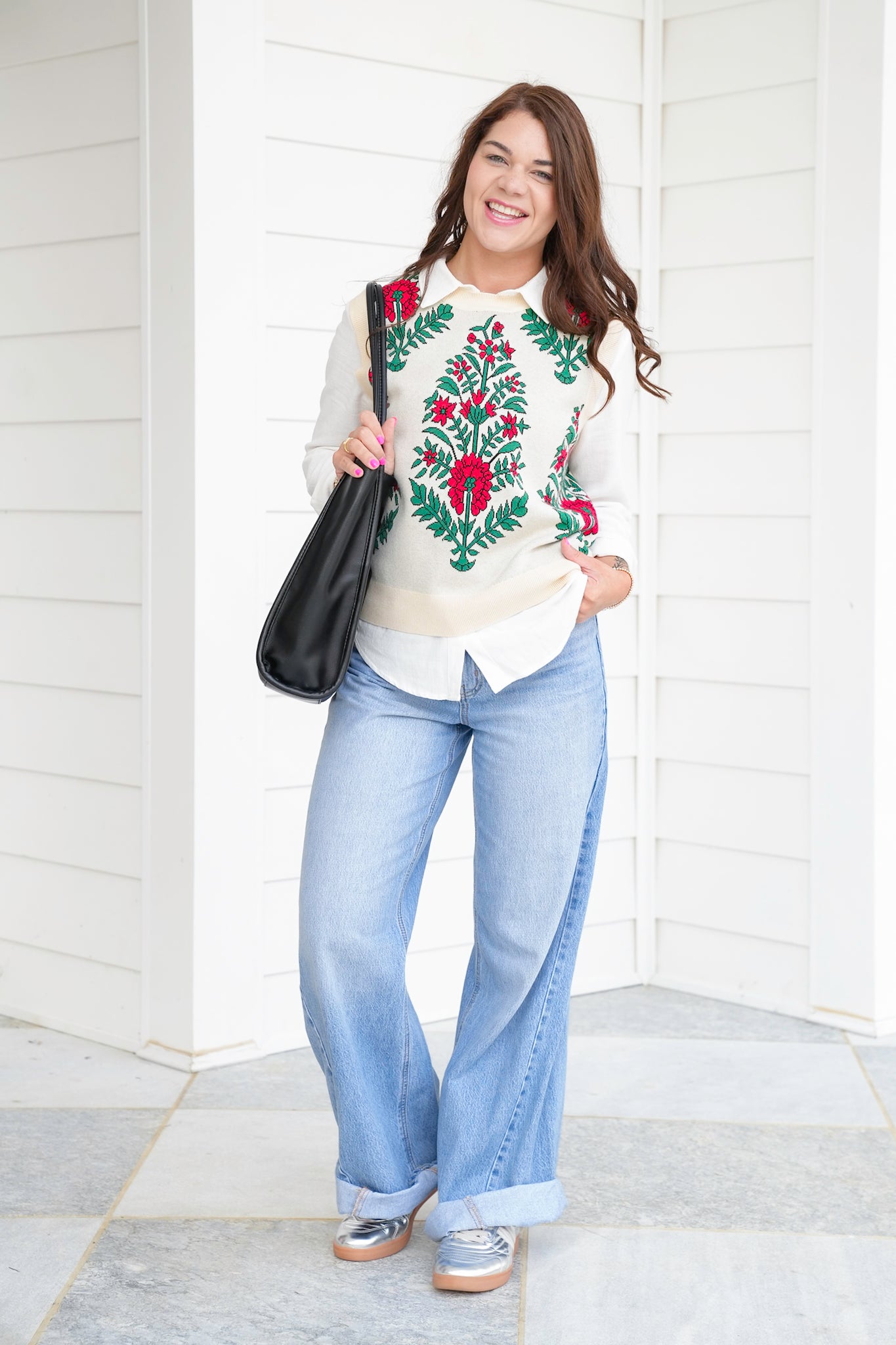 Floral Pattern Round Neck Sweater Vest