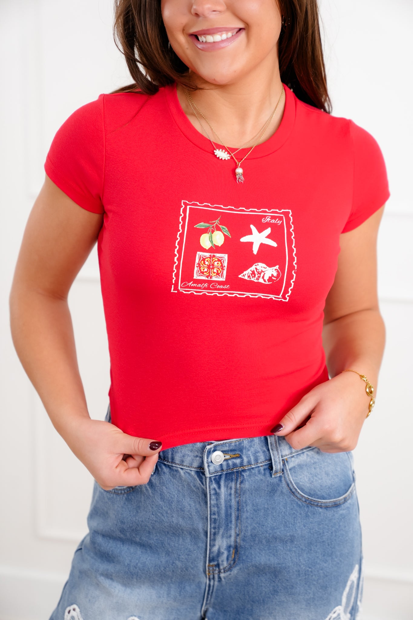 Red Short Sleeve "Italy Amalfi Coast" Top