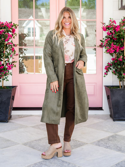 Vegan Suede Long Sleeve Open Front Long Jacket