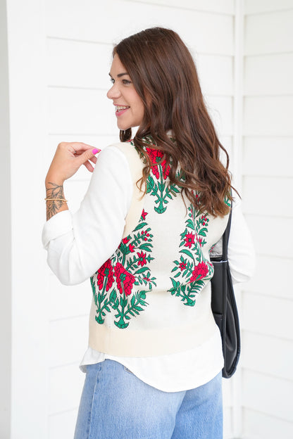 Floral Pattern Round Neck Sweater Vest