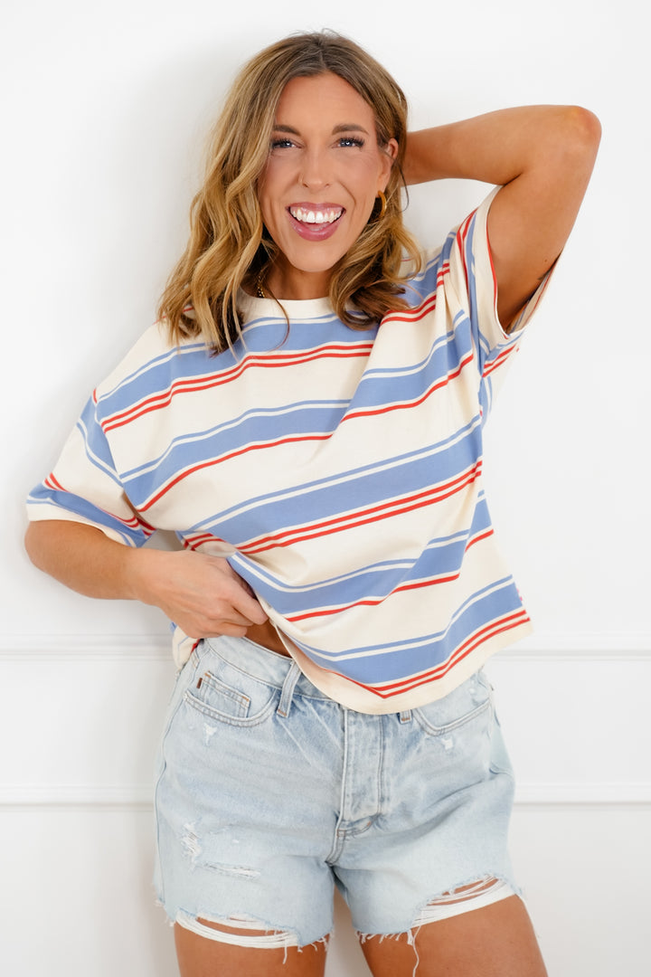 Multi Color Stripe Short Sleeve Round Neck Top