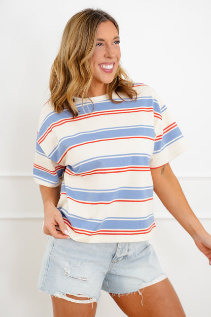 Multi Color Stripe Short Sleeve Round Neck Top