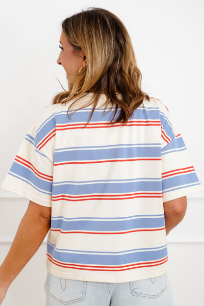 Multi Color Stripe Short Sleeve Round Neck Top