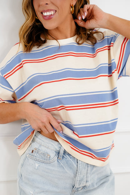 Multi Color Stripe Short Sleeve Round Neck Top