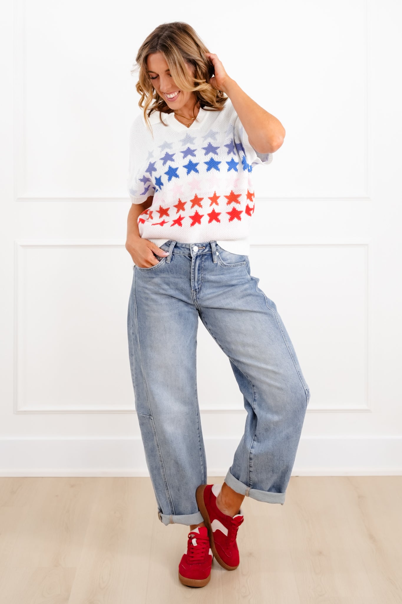 Red White Blue Stars Short Sleeve Sweater