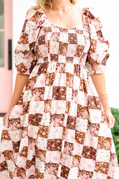 Floral Patchwork Print Short Sleeve Maxi Dress