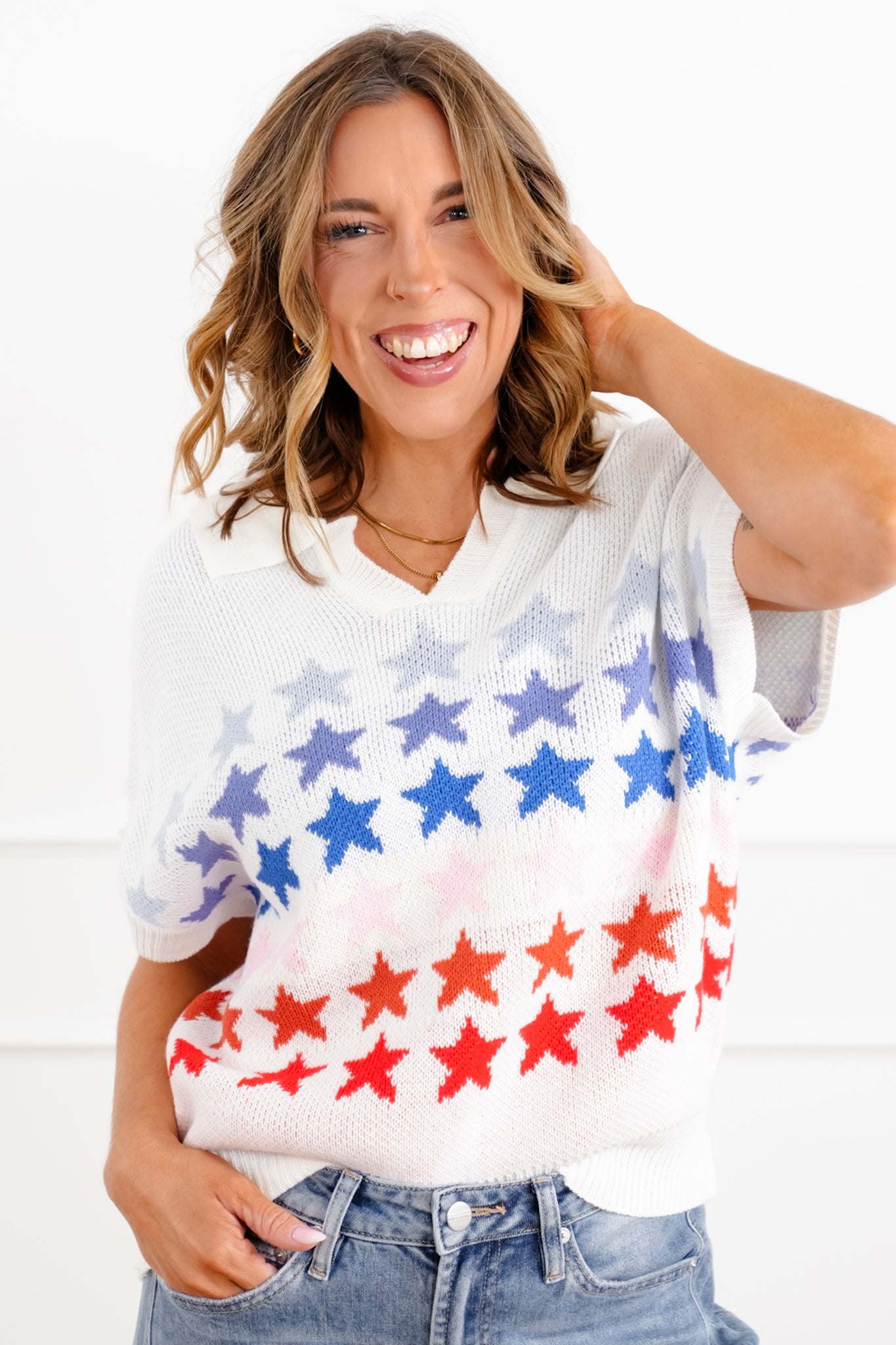 Red White Blue Stars Short Sleeve Sweater