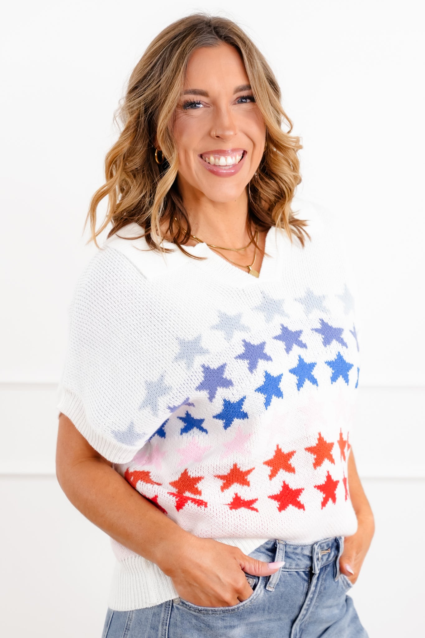 Red White Blue Stars Short Sleeve Sweater