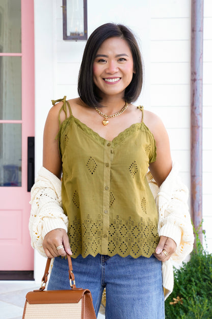 Eyelet Embroidery Sleeveless Button Down Top
