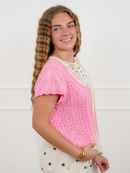 POL Pink Short Sleeve Sweater Top With Lace