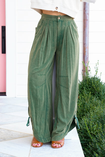Green Loose Fit Wide Ruched Leg Pants